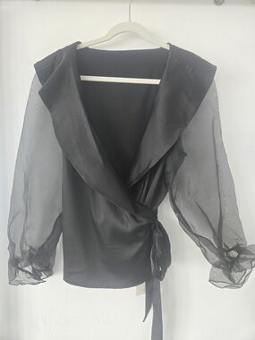 Black Wrap Blouse with Sheer Puff Sleeves - Women